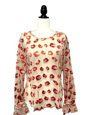 EVA FRANCO Anthropologie Rosey Mesh Long Sleeve Sheer Embroidered Top